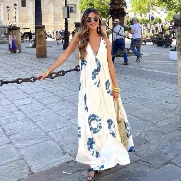 ZARA WRINKLE SATIN EFFECT MAXI LONG DRESS WHITE BLUE NWOT S - Picture 3 of 14